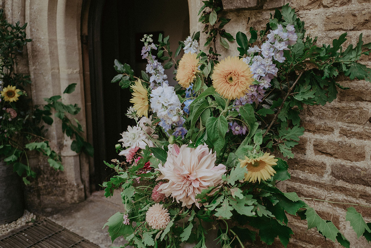 Church Wedding Flowers - Sunflowers, Dahlias and Delphiniums