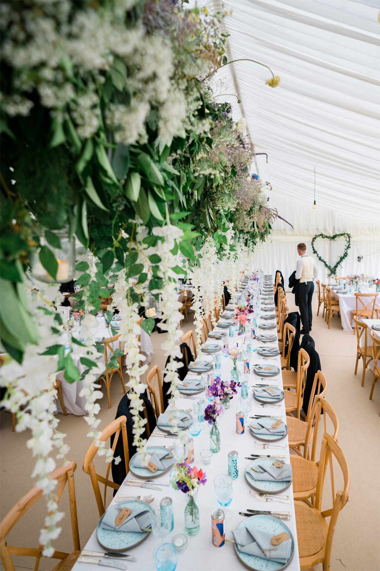 Stunning Wedding Tables with hanging flowers